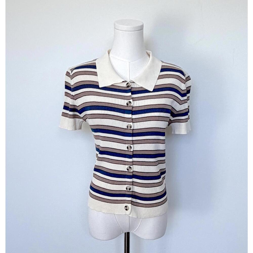 MAX Studio Striped Knit Polo Top Cream Brown Blue Y2K Button Front S